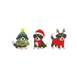 May include: Three embroidered Bernese Mountain Dog designs in festive holiday attire. One dog is dressed as a Christmas tree, another wears a Santa hat and scarf, and the third has reindeer antlers and a red sweater. All are on a white background.