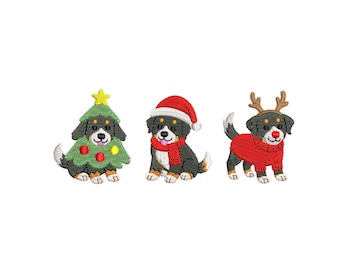 Bernese Mountain Dogs Embroidery Design Christmas Puppy Trio Machine Embroidery Holiday Dogs in Sweaters Scarf Tree Red Nose Hat Berner Pup