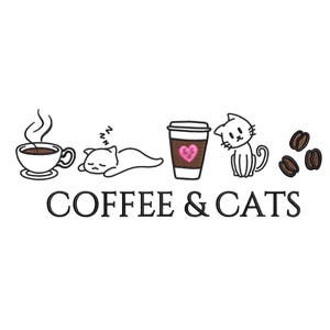 May include: A black and white illustration of a coffee cup, a sleeping cat, a coffee cup with a pink heart, a cat, and coffee beans. The text "COFFEE & CATS" is below the illustration.