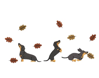 Fall Dachsund Dog Embroidery pes dst exp hus inb jef sew vp3 xxx Mini Weiner Machine Embroidery Design, Black Dackel Sausage Puppy Digital