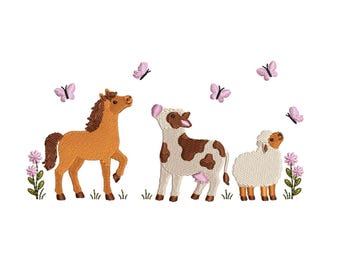 Horse Embroidery Design, Farmhouse Country Embroidery Horse Cow Sheep Chasing Butterflies Machine Embroidery Cowgirl Cowboy Instant Download