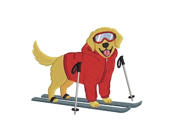 Skiing Golden Retriever Embroidery Design Goldie Winter Pattern Sporty Dog Red Hoodie Machine Embroidery Designs Digital Download 3 Sizes
