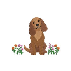 Könnte beinhalten: Gesticktes Design eines braunen Hundes mit Schlappohren, der aufrecht sitzt. Der Hund hat eine schwarze Nase und einen lächelnden Gesichtsausdruck. Bunte Blumen in Rosa- und Orangetönen befinden sich zu Füßen des Hundes, alles auf weißem Hintergrund.