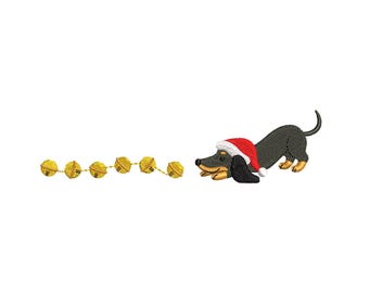 May include: An embroidered design featuring a black dachshund wearing a Santa hat, positioned near a string of golden bells. The dog is lying down, with its head close to the bells. The design is set against a white background.