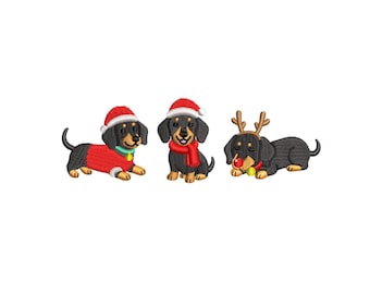 Christmas Dachshund Dog Embroidery Design,  Mini Weiner Machine Embroidery Pets, Merry Xmas Costume Black Dackel Sausage Puppy Trio Animal