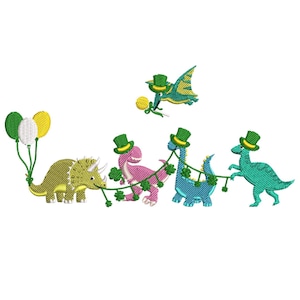 May include: Four dinosaurs wearing green hats and holding a string of shamrocks. The dinosaurs are green, pink, blue, and yellow. There are two balloons in the background.