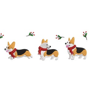 Könnte beinhalten: Gesticktes Design mit drei Corgi-Hunden, die rote Schals tragen, mit schwarzem, hellbraunem und weißem Fell. Jeder Hund hat eine andere Pose, und kleine grüne und rote florale Akzente befinden sich darüber.