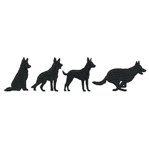 May include: Silhouettes of four black German Shepherd dogs in various poses. The dogs are facing different directions and are in a line.