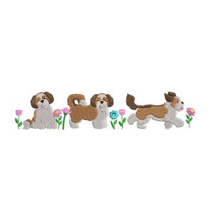 Op de afbeelding: Drie bruine en witte Shih Tzu honden met bruine ogen en hangende oren lopen door een veld met roze en blauwe bloemen.