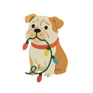 May include: An embroidered design of a seated bulldog with a red collar, holding a string of Christmas lights in its mouth. The dog is tan and white with brown ears and a black nose. The Christmas lights are red, yellow, and blue.