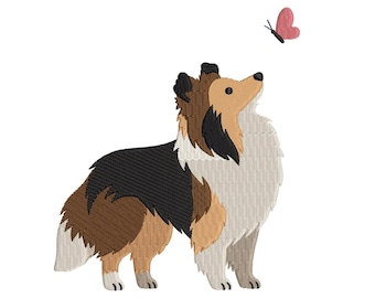 Wzór haftu owczarka szetlandzkiego, szczeniak sheltie z motylem, mama psa, zwierzę domowe, haft maszynowy, uroczy szczeniak collie, pliki cyfrowe do pobrania