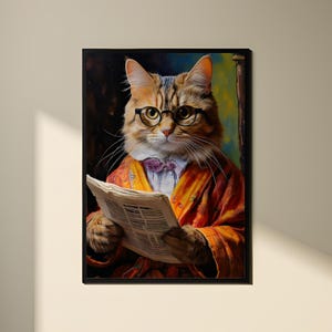 Rolig kattväggkonst, sofistikerad katt med glasögon, oljemålningsposter, rolig heminredning, utskrivbar digital nedladdning för kattälskare