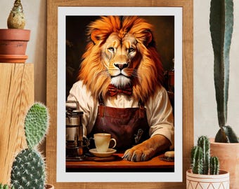 Lion Drinking Coffee Print: Coffee Bar Decor, Funny Poster, Trendy