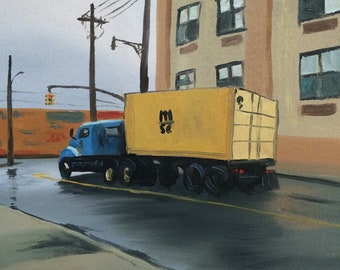 Blue and Yellow Truck on Wyckoff Avenue, Original oil on paper