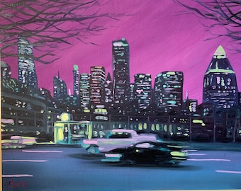 10th Avenue at Night, Original oil on paper mounted on cradled wood panel