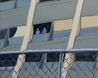 Two Workers at a Window, Original oil on canvas