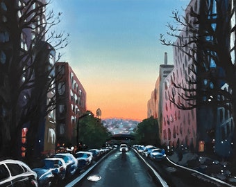 Dusk, West 52nd Street NYC, Original oil painting on paper 2023