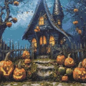 Halloween House Cross Stitch Pattern - Pumpkins and Autumn Leaves - PDF Digital Download