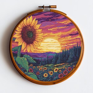 Sunflower Sunset Cross Stitch Pattern – PDF Digital Download – Beautiful Landscape with Sunflowers and Sunset, Perfect for Nature Lovers