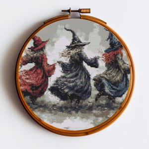 Dancing Witches Cross Stitch Pattern - Halloween PDF Digital Download - Three Witches in Motion - Perfect for Spooky Halloween Decor