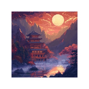 Japanese Temple Landscape Cross Stitch Pattern –Pdf and Svg Digital Download – Sunset Scene for Home Decor, Perfect Stitch for Nature Lovers