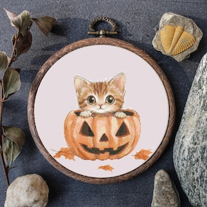 Kitten in Pumpkin Cross Stitch Pattern – Pdf and Svg Digital Download – Halloween Cat Design, Perfect Fall Decor for Cat Lovers