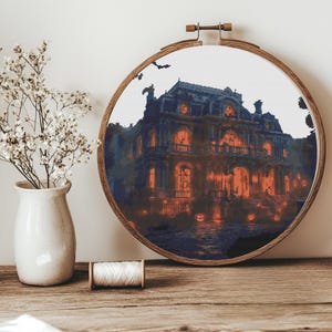Spooky Mansion Cross Stitch Pattern - Haunted House with Pumpkins Halloween PDF - Digital Download for Eerie Decor