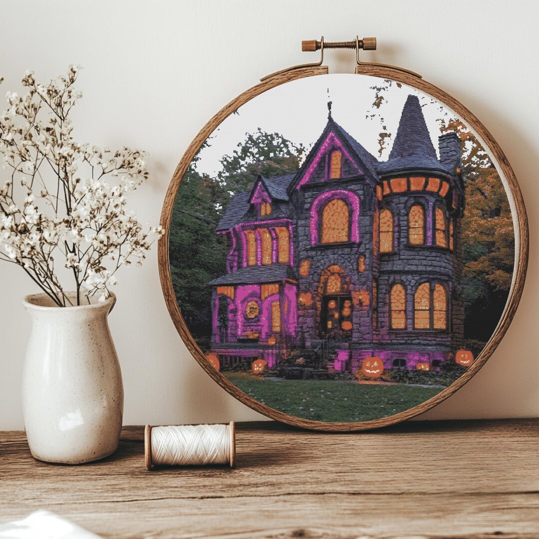Halloween Mansion Cross Stitch Pattern - Pink Gothic House With Jack-o ...