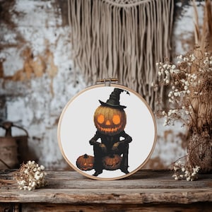Jack-o&#39;-Lantern Witch Cross Stitch Pattern - PDF Digital Download - Spooky Pumpkin Decor for Halloween