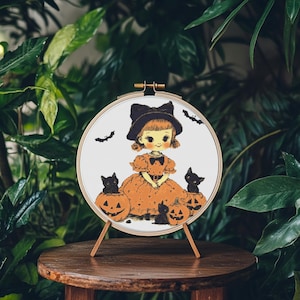 Vintage Halloween Girl Cross Stitch Pattern - Adorable Digital PDF with Pumpkins & Black Cats - Spooky Cute DIY Needlework Design