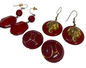 Vintage Red Earring Collection Pierced Elepharnt Dangle Enamel Plastics Variety