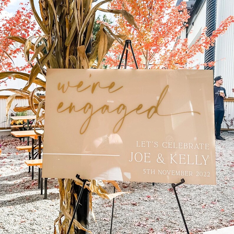 Engaged Sign On String We Are Engaged Acrylic Sign | Custom Engagement Signs | Engagement ...