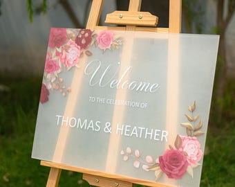 Rectangular Floral Acrylic Wedding Welcome Sign, Custom Wedding Signage, Engagement Sign, Reception Sign Wedding decor, Wedding Nikkah Signs