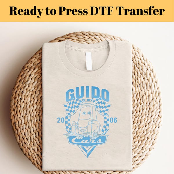 Transferencias DTF de Cars Friends Guido, Disney Ready To Press, Transferencia térmica de la película Cars, Transferencia de Disney Pixar, Lista para presionar, Piensa rápido, Regalo DTF