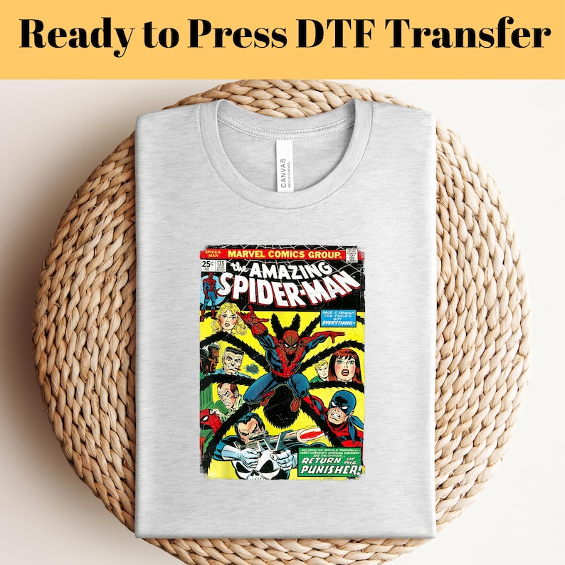 May include: A gray t-shirt with a vintage comic book image of Spider-Man on the front. The comic book cover is red, yellow, and black with the text "The Amazing Spider-Man" and "Return of the Punisher!"