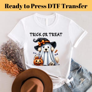 Halloween Sublimation dtf, Ghost Trick or Treat, Ready to Press,Heat Transfer,Halloween gift dtf, dog and pumpkin dtf,spring Transfer