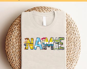 Nome personalizado de personagem de Toy Story da Disney DTF, presente de Toy Story da Disney DTF, Woody Buzz Jessie Rex DTF, camiseta da família Toy Story da Disney, camiseta Toy Story