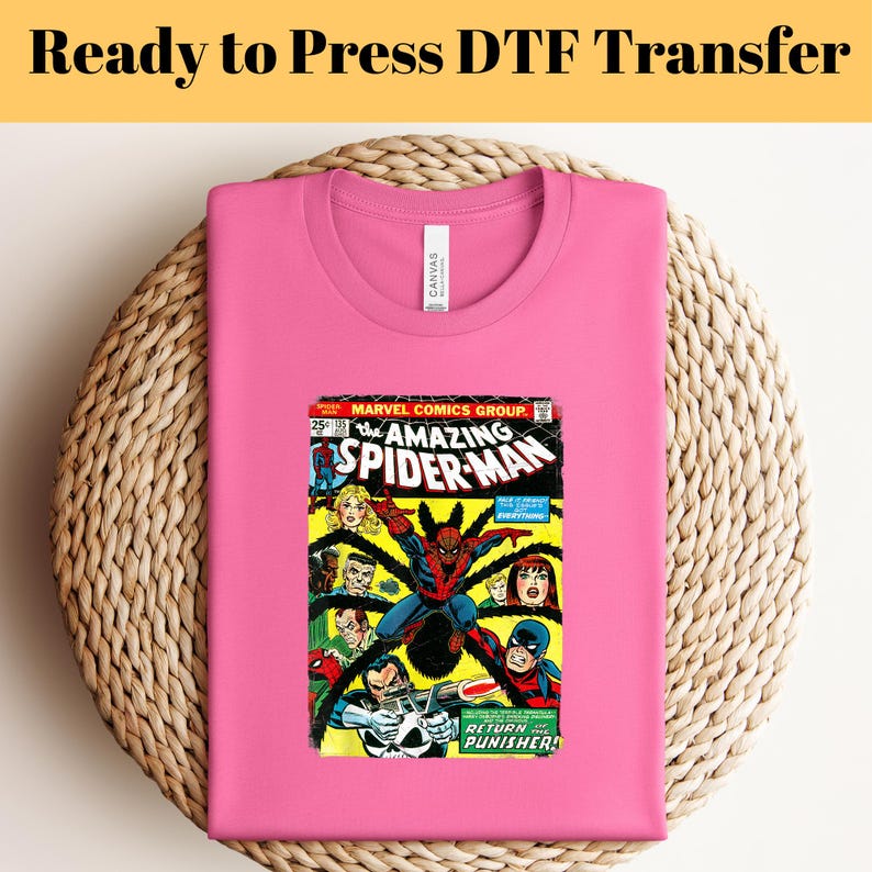May include: Pink t-shirt with a vintage comic book print of Spider-Man. The comic book cover features the text "The Amazing Spider-Man" and "Return of the Punisher!"