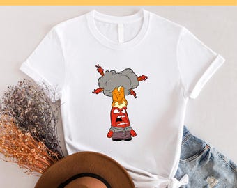 May include: White t-shirt with a cartoon image of a red character with a black cloud and flames on top of his head. The character is yelling and has a surprised expression. The text "Ready to Press DTF Transfer" is at the top of the image.