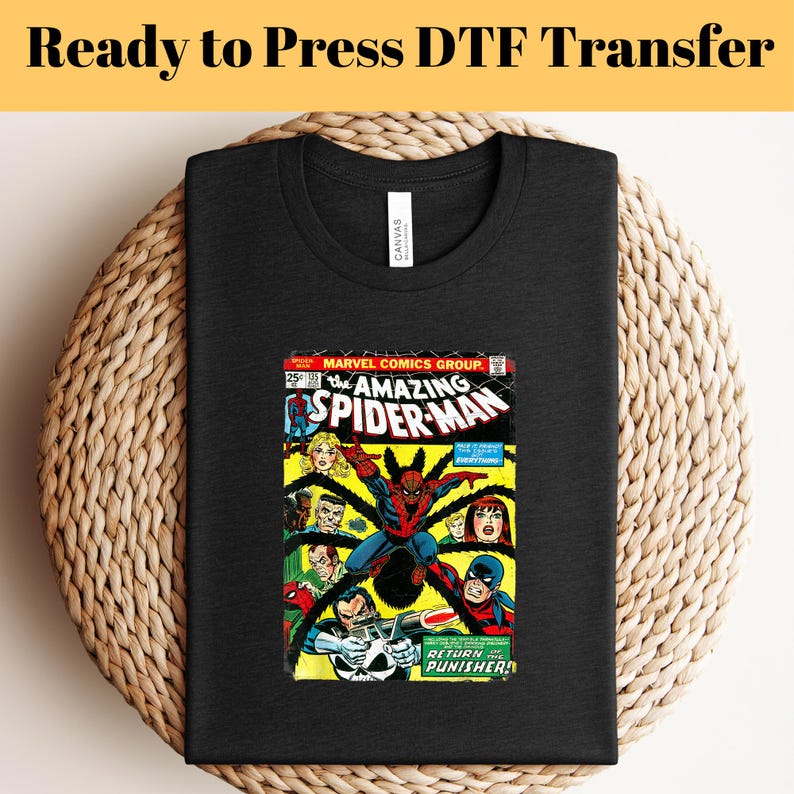 May include: A black t-shirt with a vintage comic book cover featuring Spider-Man and the Punisher. The comic book cover is titled "The Amazing Spider-Man" and features a red and blue Spider-Man with a black web design. The comic book cover also features the text "Return of the Punisher!"