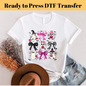 Roze Halloween-coquettestrikken DTF-overdracht, leuke en spookachtige opstrijkontwerp doe-het-zelfkleding, perfect voor T-shirts, hoodies en griezelige seizoensambachten