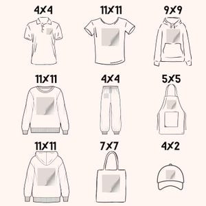 May include: A set of nine different blank apparel and accessory items, including a polo shirt, t-shirt, hoodie, sweatshirt, sweatpants, apron, tote bag, and baseball cap. Each item has a 4x4, 5x5, 7x7, 9x9, or 11x11 inch blank area for customization.