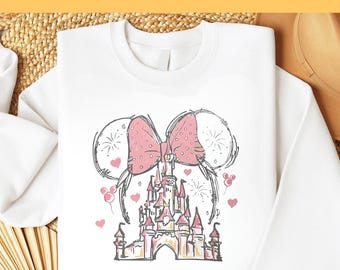 Transferencia DTF de lazo de castillo de Disney, lazo de Minnie rosa con castillo, diseño de camiseta de viaje a Disney, princesa Magic Kingdom DTF, listo para imprimir