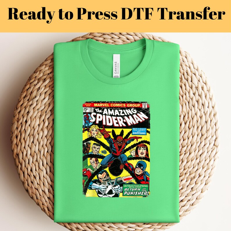 May include: A green t-shirt with a vintage comic book image of Spider-Man on the front. The comic book cover features the text "The Amazing Spider-Man" and "Return of the Punisher!"