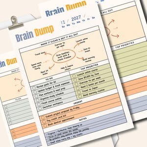 May include: A Brain Dump planner page for December 2027 featuring sections for goals, to-do lists, top priorities, urgent tasks, and notes. The layout includes a central mind map, checkboxes, and motivational text in blue, orange, and green.
