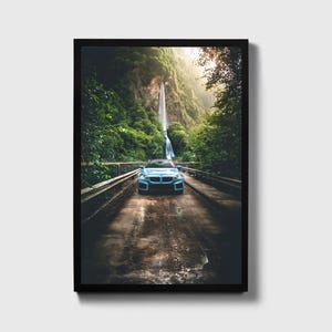 BMW M2 G87 Poster, Dynamic Sports Car in Enchanting Waterfall Setting, Perfect for Modern Home Decor and Car Enthusiasts