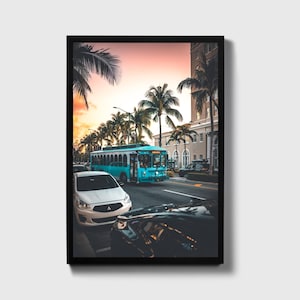 Miami Beach Trolley Bus Poster, Urban Public Transport Print, Cityscape Photography, Sunset Palm Tree Street Art, Travel Wall Decor