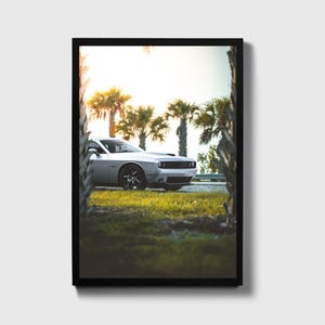Dodge Challenger Poster Print, Key West Sunset Car Photography, Sleek Muscle Car Wall Art, Automotive Decor, Challenger Scenic Urban Setting