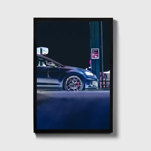Vibrant Volkswagen Golf GTI Rim Close-Up Poster: Urban Automotive Photography, Perfect Wall Art for Car Enthusiasts, Garage Decor, Golf Gift