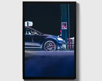 Vibrant Volkswagen Golf GTI Rim Close-Up Poster: Urban Automotive Photography, Perfect Wall Art for Car Enthusiasts, Garage Decor, Golf Gift